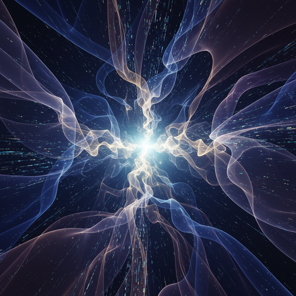 Abstract AI animation art showing flowing shapes and ethereal light, illustrating the process for creating faceless stories.