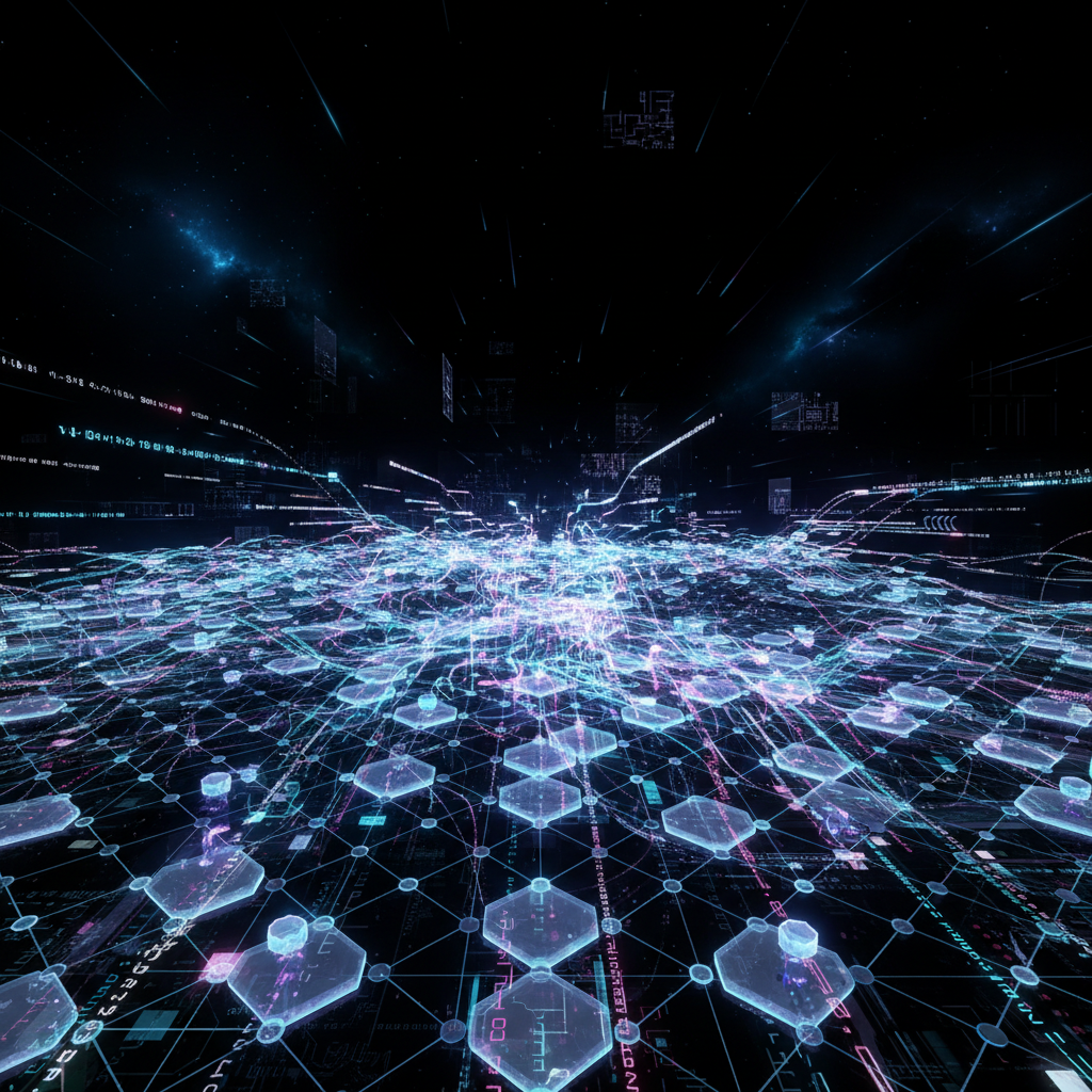 Abstract AI art depicting interconnected data streams and glowing nodes, symbolizing the creation of anonymous content with AI for ultimate privacy.