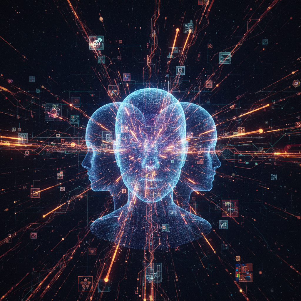 Abstract AI art visualizing interconnected nodes and data streams, representing the creation of profitable faceless digital products with AI tools.