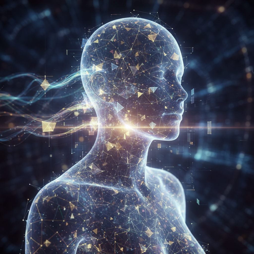 Abstract AI avatar creation for faceless creators, glowing digital form emerging from geometric shapes and light, futuristic concept art. Abstract AI avatar creation for faceless creators, glowing digital form emerging from geometric shapes and light, futuristic concept art.