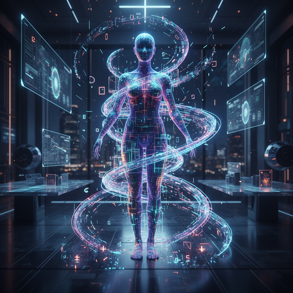 Abstract AI avatar for anonymous creators, generated from digital data streams in a futuristic, dimly lit studio environment.