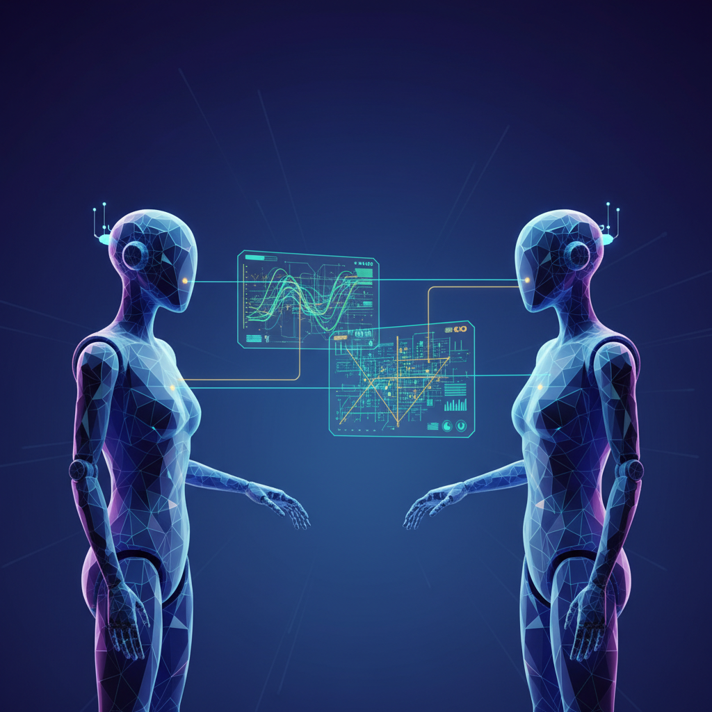 Abstract AI robots comparing digital interfaces, showcasing Pictory vs InVideo for faceless videos.