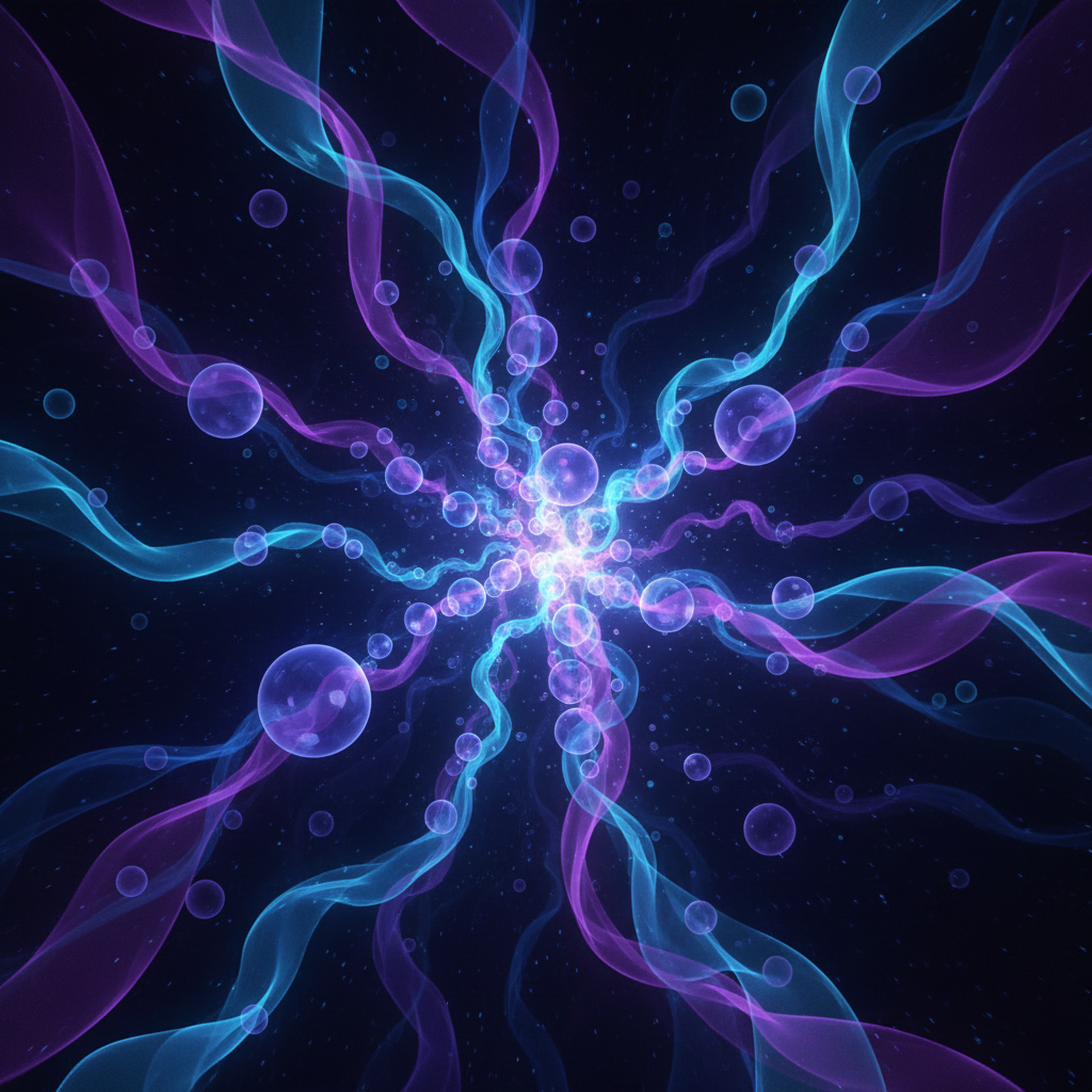 Abstract digital art illustrating AI faceless storytelling with glowing data streams and interconnected nodes, representing futuristic technology and creative flow.