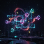 Abstract digital art illustrating audience engagement and data monetization for creating faceless content on Facebook pages, with glowing nodes.