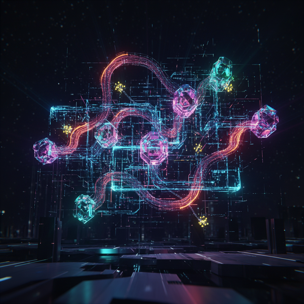 Abstract digital art illustrating audience engagement and data monetization for creating faceless content on Facebook pages, with glowing nodes.