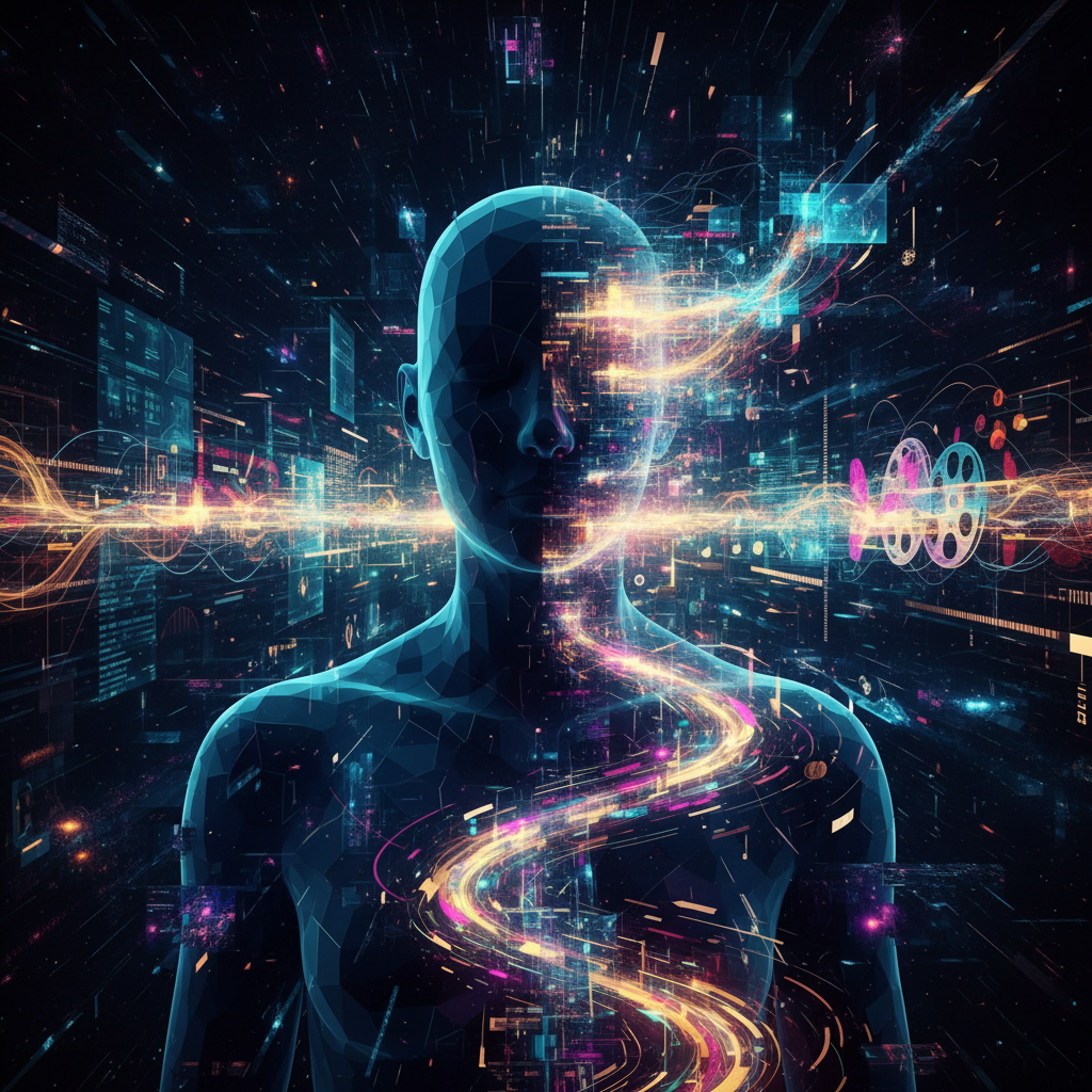 Abstract digital art illustrating deepfake technology for faceless content creation with glowing data streams and a stylized silhouette.