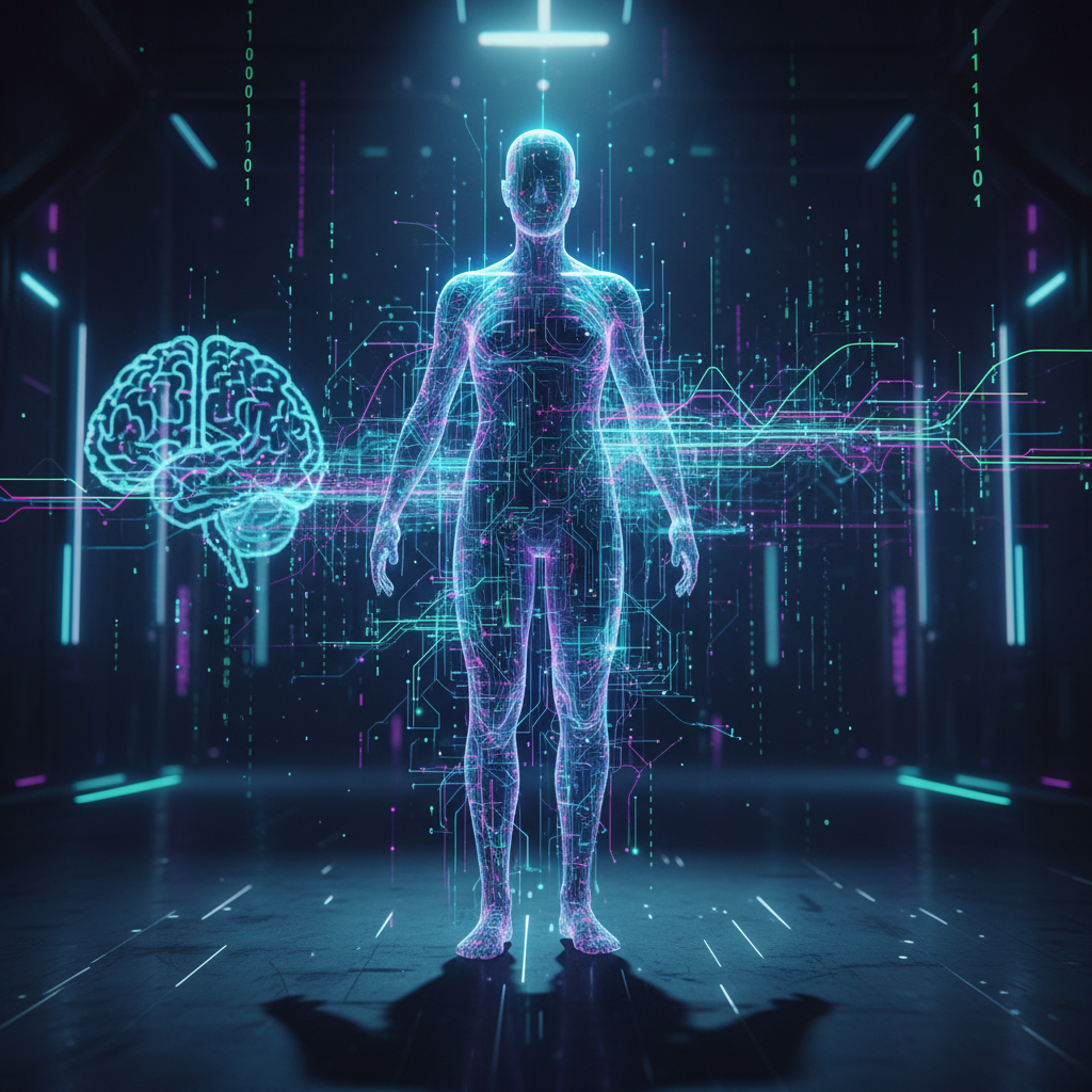 Abstract digital art illustrating faceless AI content creation with glowing neural networks and data streams, representing AI's creative output. Abstract digital art illustrating faceless AI content creation with glowing neural networks and data streams, representing AI's creative output.