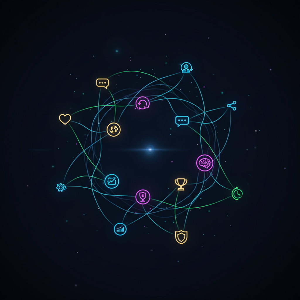 Abstract digital art illustrating how to create engaging faceless videos through connected icons and glowing lines, symbolizing high retention.