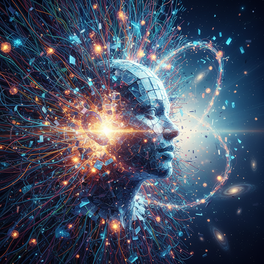 Abstract digital art showing a mind overcoming creative blocks with AI, visualizing new ideas emerging from tangled thoughts.