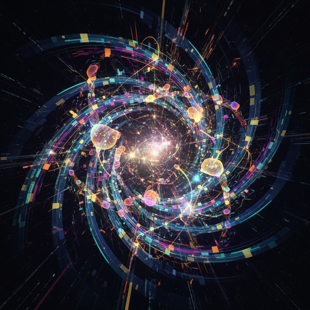 Abstract digital art showing glowing data streams and neural networks, illustrating natural language processing for content ideas.