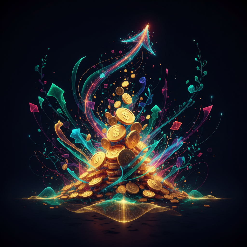 Abstract digital art symbolizing financial growth and six-figure income through faceless content for Patreon in 2026.