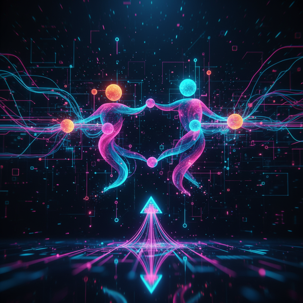 Abstract digital art visualizing engaging data streams and interconnected nodes, representing high-retention content creation strategies for faceless videos.