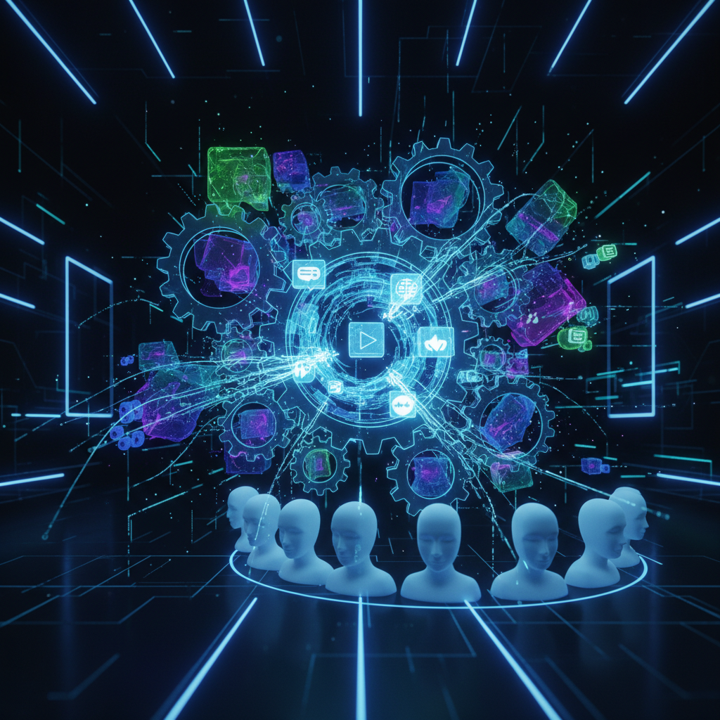 Abstract digital illustration showing AI content repurposing for faceless brands, with glowing data streams and interconnected gears in a futuristic setting.