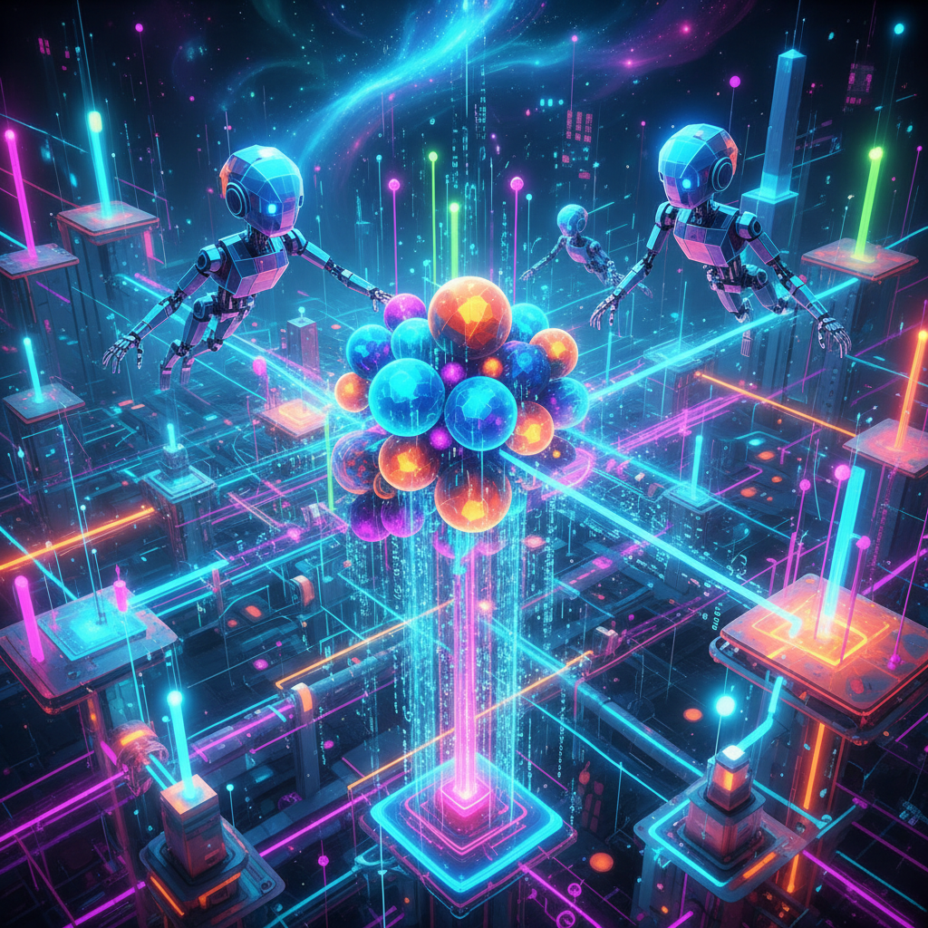 Abstract digital landscape illustrating affiliate marketing with faceless AI videos, showing data analysis and glowing link nodes for maximized earnings.