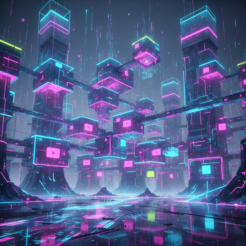 Abstract digital landscape illustrating successful faceless YouTube channels with glowing nodes and futuristic neon lighting.