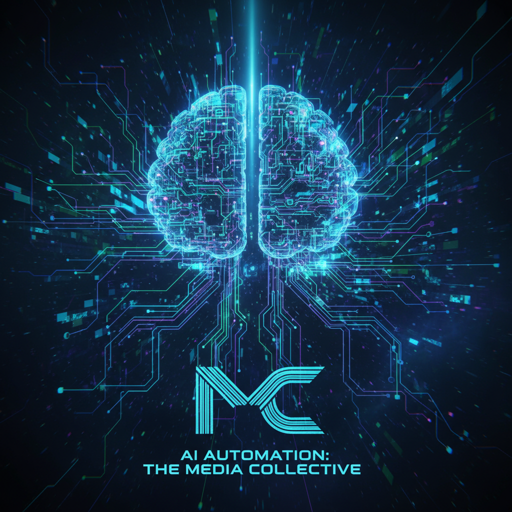 Abstract digital network illustrating AI automation for creating a faceless media company, showcasing data flow and futuristic technology.