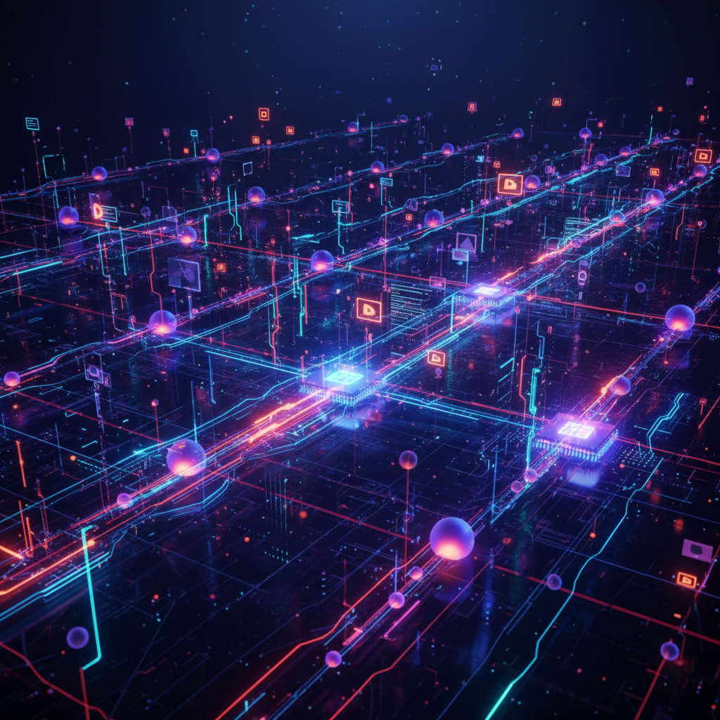 Abstract digital network illustrating automated social media content creation with faceless AI, futuristic, glowing data streams