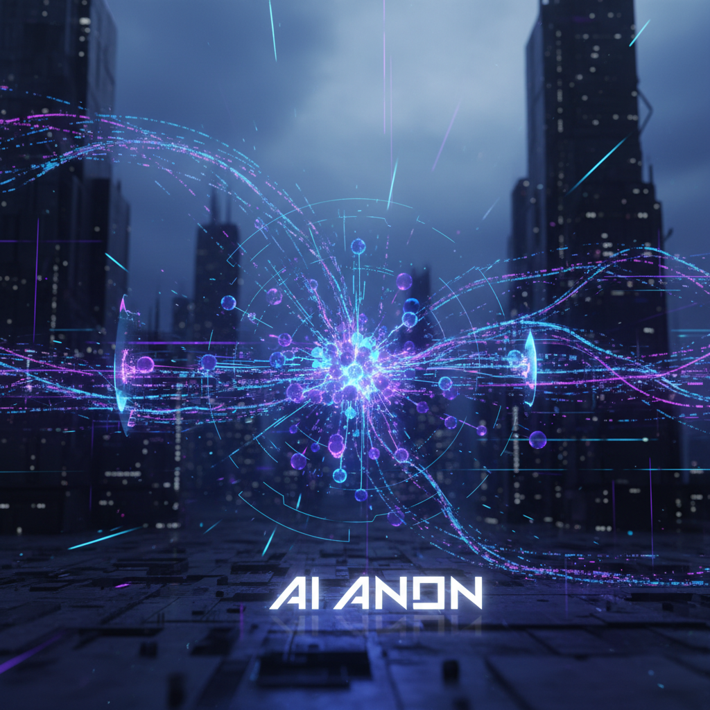 Abstract digital network illustration showing AI tools for online anonymity, with glowing nodes and data streams in a futuristic setting.