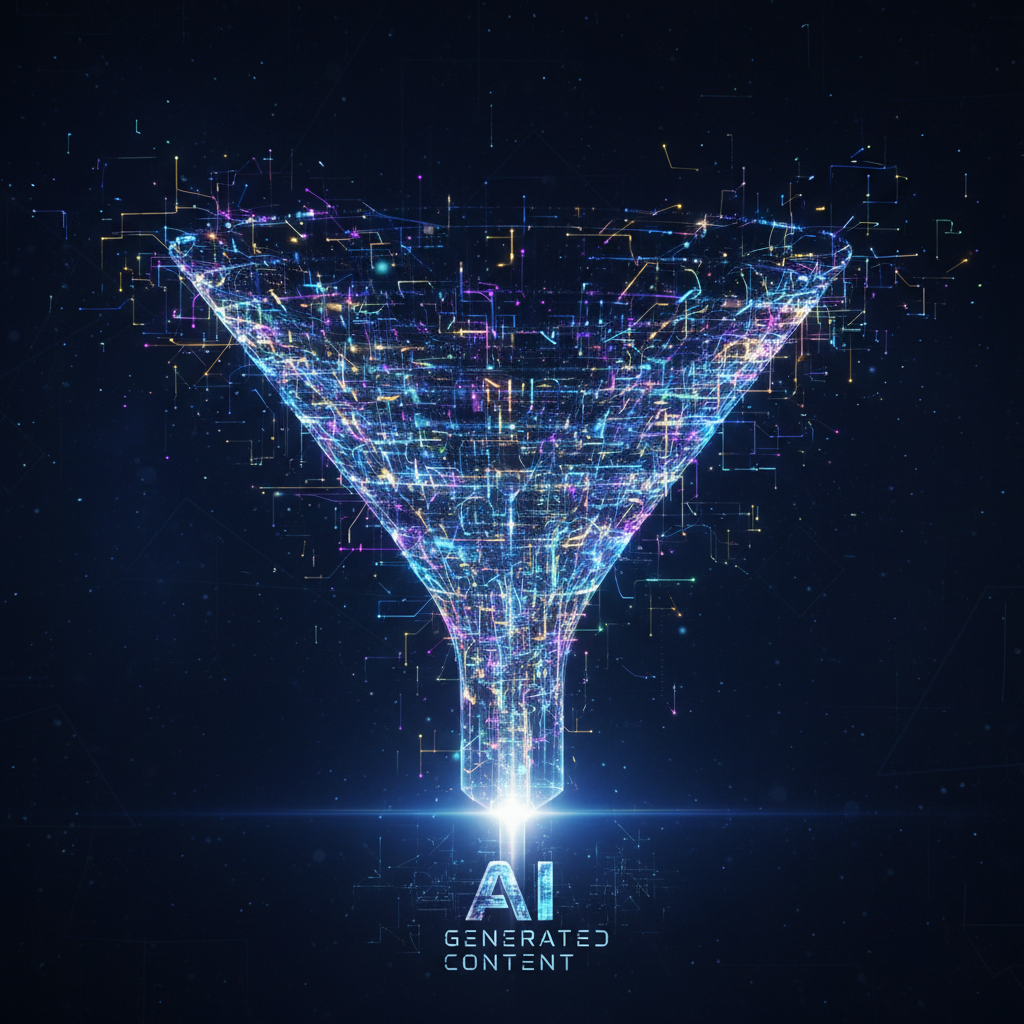 Abstract digital network illustration visualizing AI content for lead generation funnel, with glowing nodes and futuristic lighting.