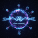Abstract digital network symbolizing AI translation for faceless global channels, connecting diverse international icons with glowing lines.