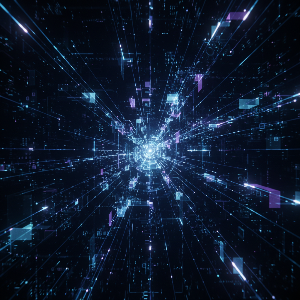 Abstract digital network visualization illustrating the concept of creating anonymous content with AI, with glowing data streams.