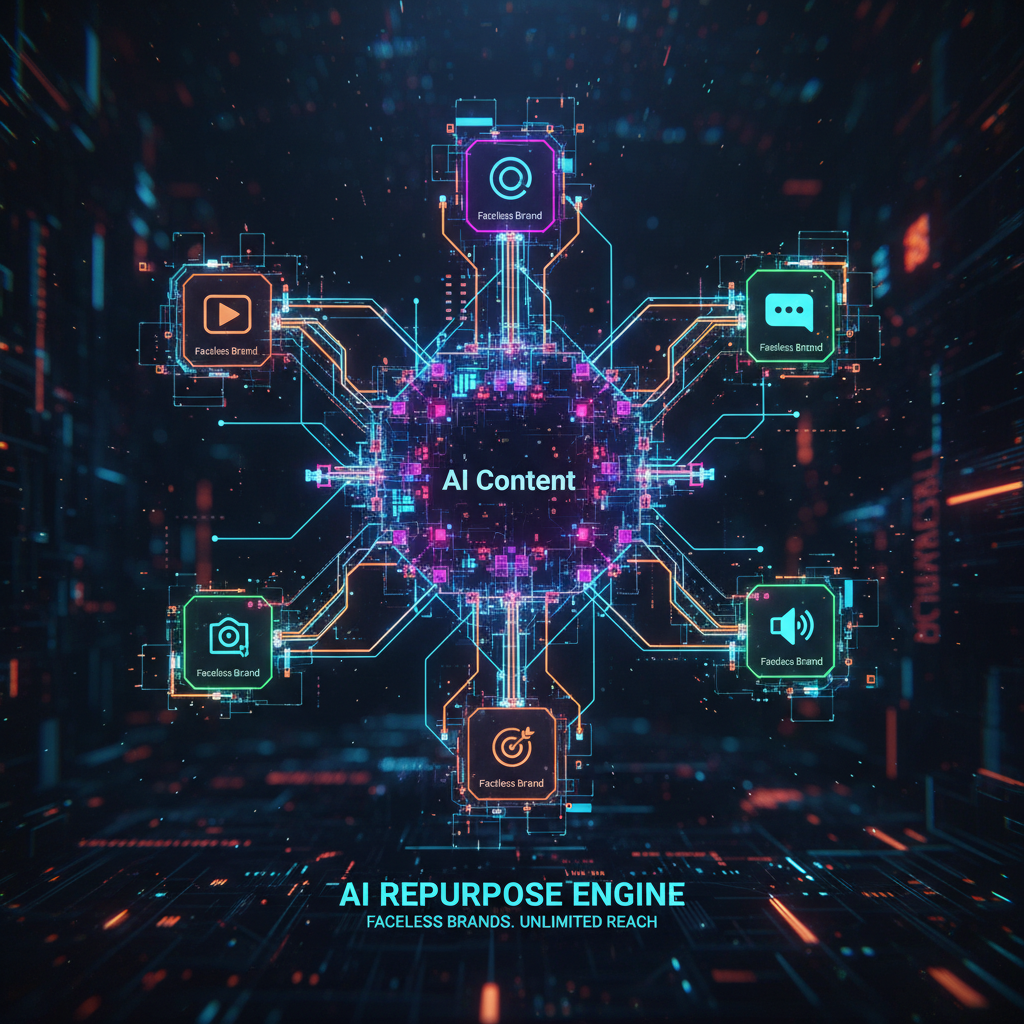 Abstract digital network visualizing AI content repurposing for faceless brands, with glowing nodes and connecting lines in a futuristic setting.