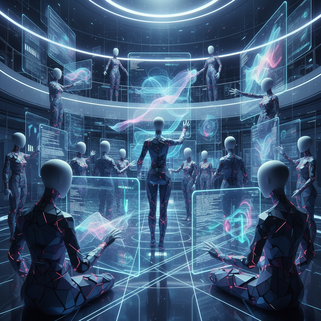 Abstract faceless creators using AI tools like HeyGen for digital content, futuristic studio setting, HeyGen review for faceless creators