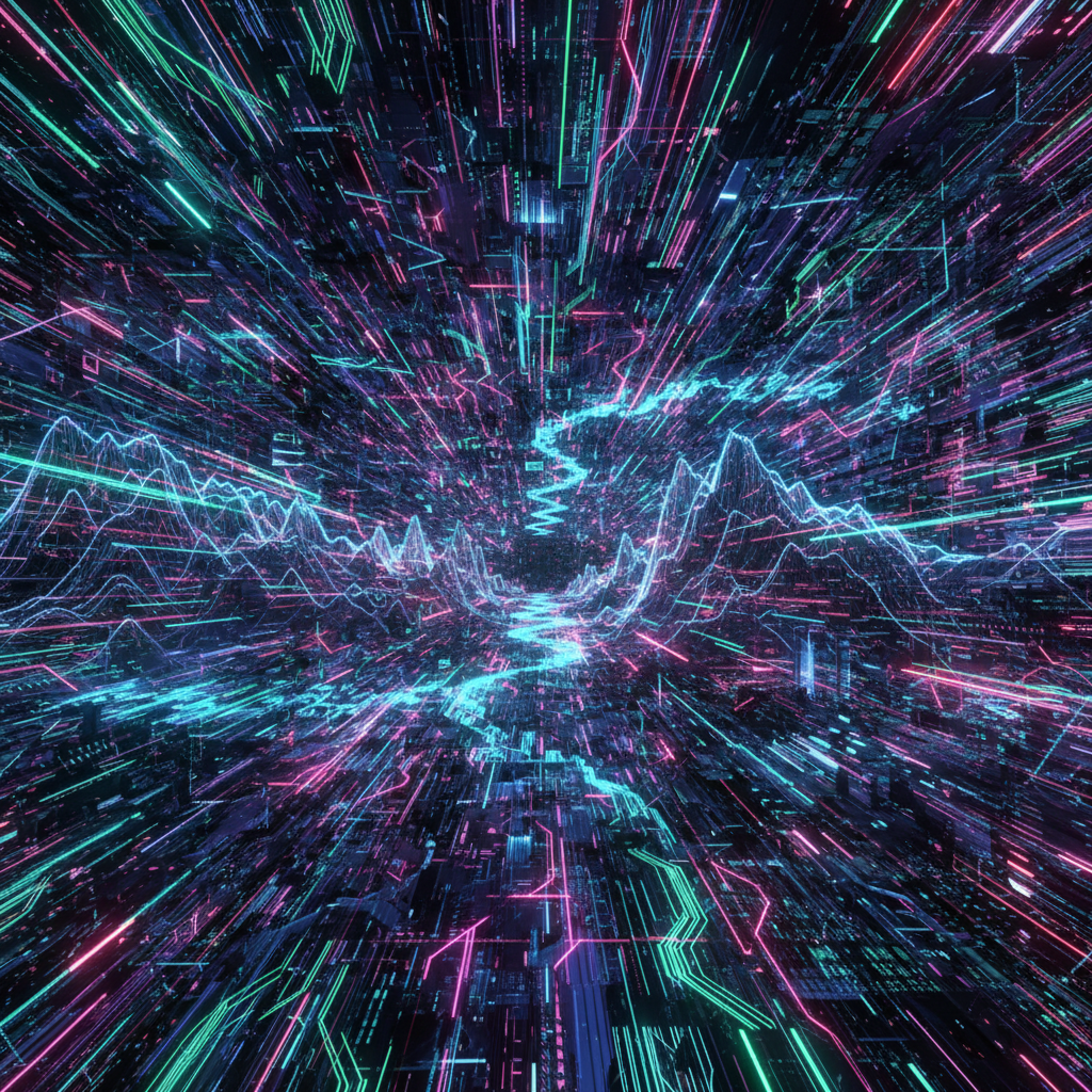 Abstract generative AI for video backgrounds creating a futuristic digital landscape with vibrant neon lights, showcasing advanced technology.