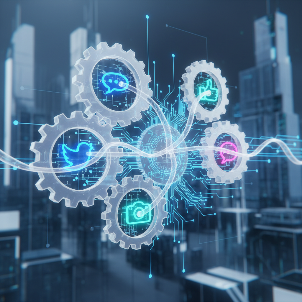 Abstract illustration of digital gears and circuits automating social media with faceless AI content, glowing blue light