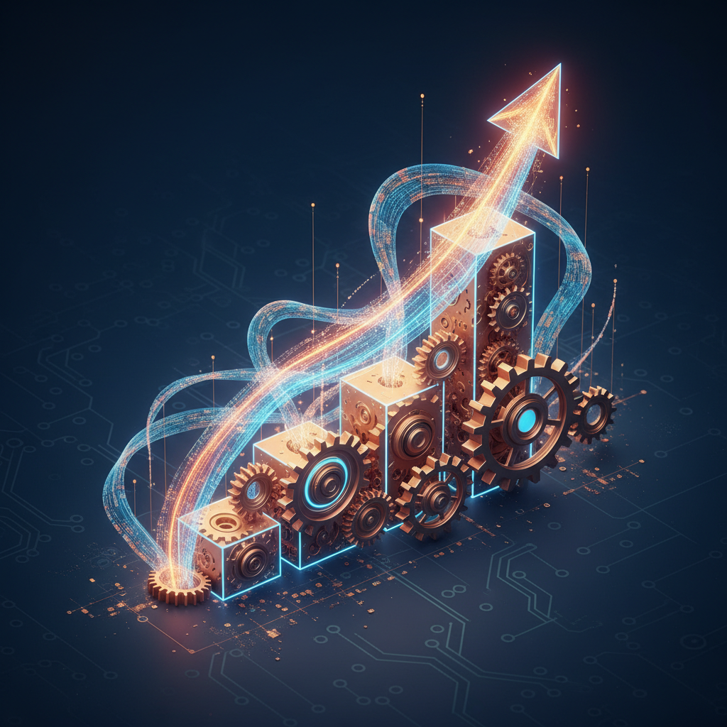 Abstract illustration of digital gears and data streams symbolizing passive income with AI content automation growth. Abstract illustration of digital gears and data streams symbolizing passive income with AI content automation growth.