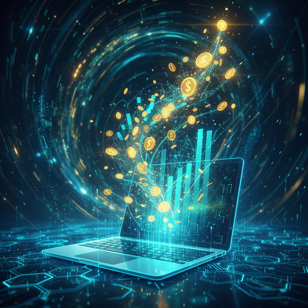 Abstract illustration of financial growth and ROI from a faceless YouTube automation guide, with glowing charts and coins.