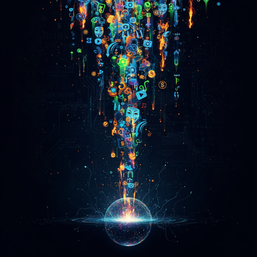 Abstract illustration of glowing digital icons symbolizing viral faceless video ideas, representing success in content creation. Abstract illustration of glowing digital icons symbolizing viral faceless video ideas, representing success in content creation.