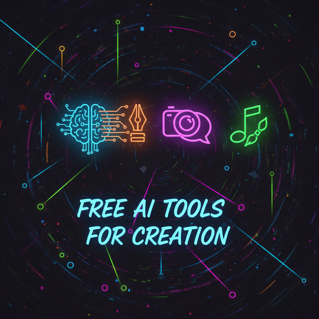 Abstract image representing free AI tools for faceless content creation, with glowing icons and creative digital elements on a dark background.