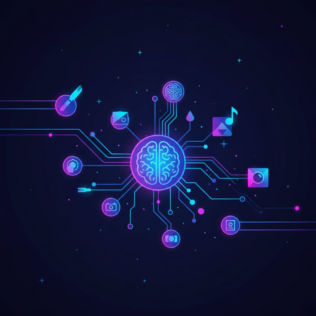 Abstract visual of AI-driven content creation and a faceless media company network, showcasing digital growth and innovation.