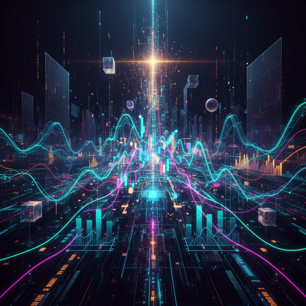 Abstract visual of glowing financial charts and data streams, representing profitable faceless niches for AI content in finance.