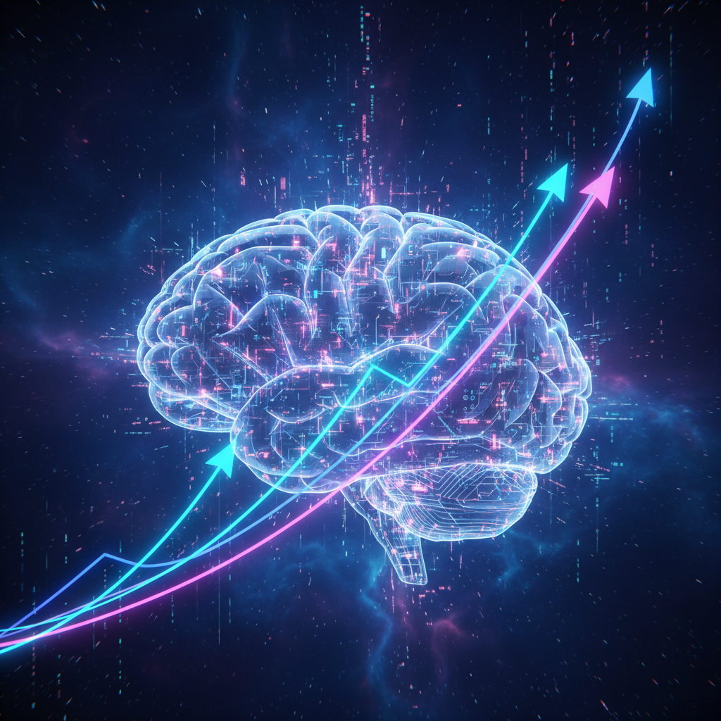 Abstract visual representation of the ROI of AI content tools, showing growth and advanced technology in a futuristic setting.