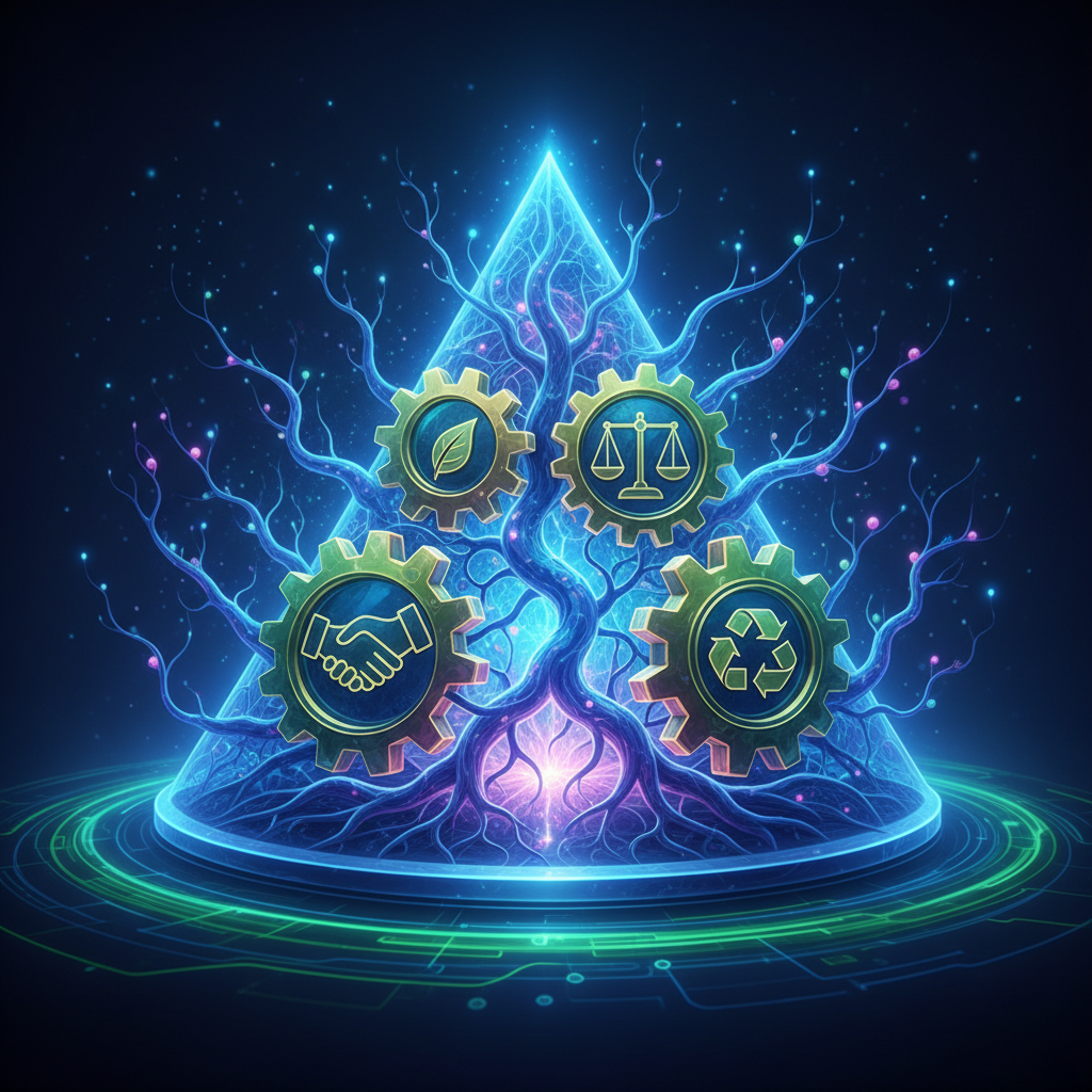 Abstract visual representing AI content creation ethics, showcasing interconnected neural networks and ethical gears for sustainable faceless business growth.