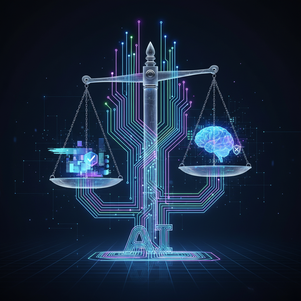 Abstract visual representing AI content creation ethics with digital circuits intertwining with legal scales, symbolizing copyright and ownership.