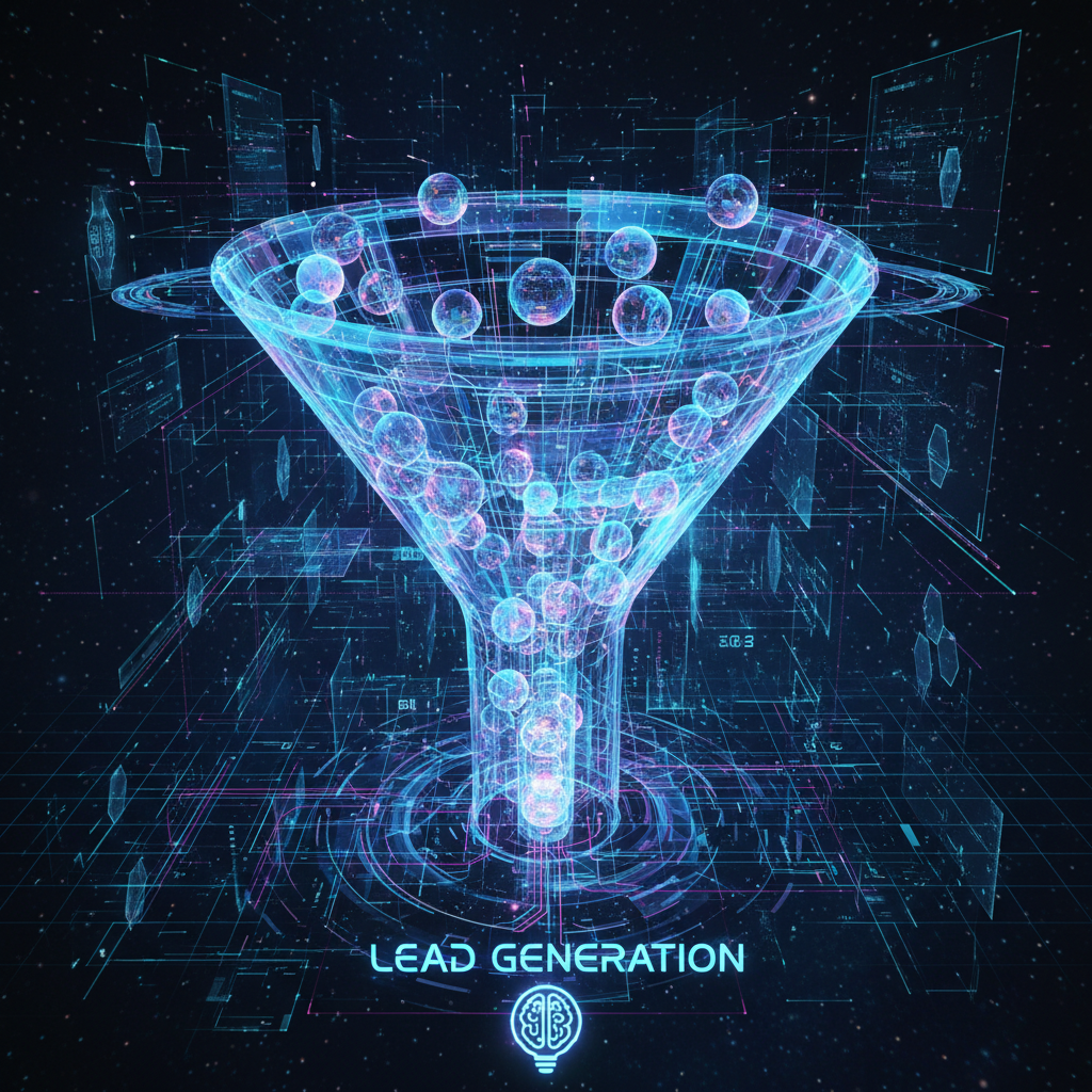 Abstract visualization of a 3-stage funnel illustrating AI content for lead generation with glowing nodes and data streams.