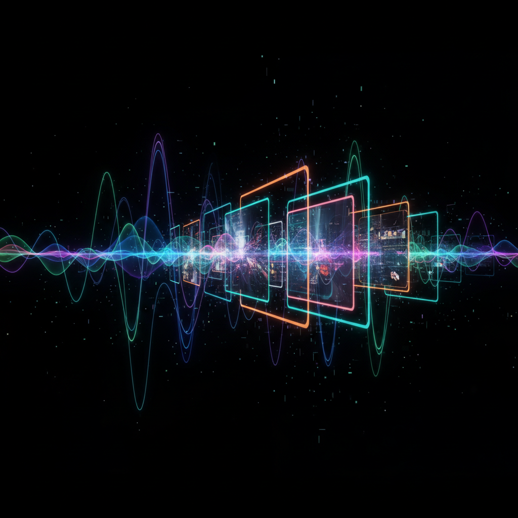 Abstract visualization of AI-generated music for videos, showing soundwaves transforming into video frames with a futuristic digital glow.