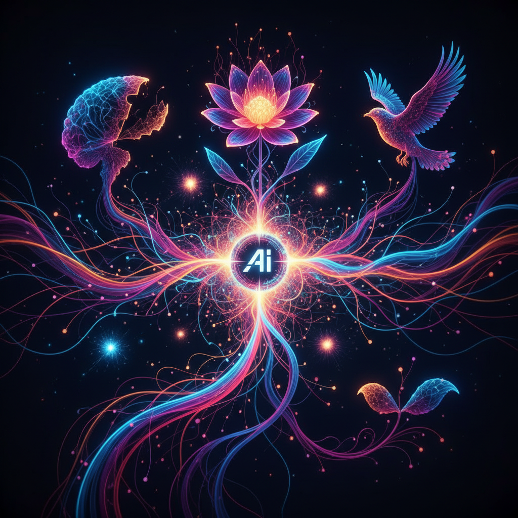 Abstract visualization of AI neural networks helping overcome creative blocks, with vibrant, glowing connections symbolizing infinite ideas.