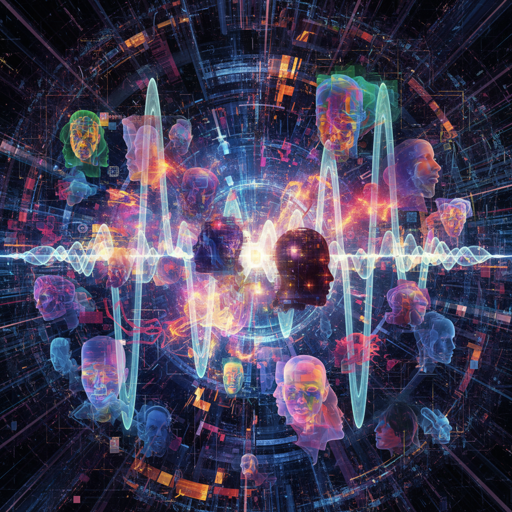 Abstract visualization of AI voice generators for anonymous content, showcasing diverse digital voices and futuristic sound waves Abstract visualization of AI voice generators for anonymous content, showcasing diverse digital voices and futuristic sound waves