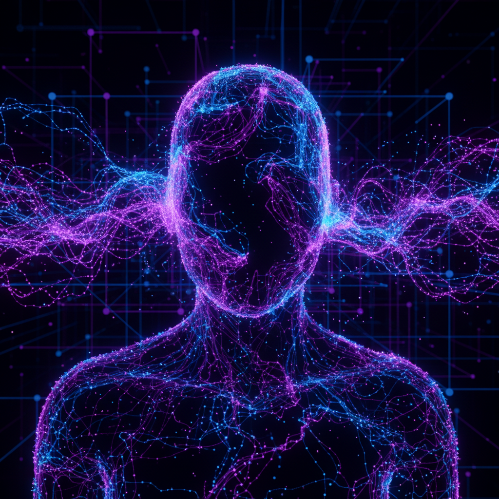 Abstract visualization of faceless AI content with flowing data streams and glowing nodes, representing digital information creation. Abstract visualization of faceless AI content with flowing data streams and glowing nodes, representing digital information creation.