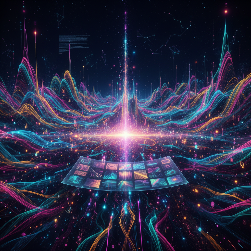 Abstract visualization of generative AI creating dynamic video backgrounds with glowing particles and flowing lines, futuristic digital art.
