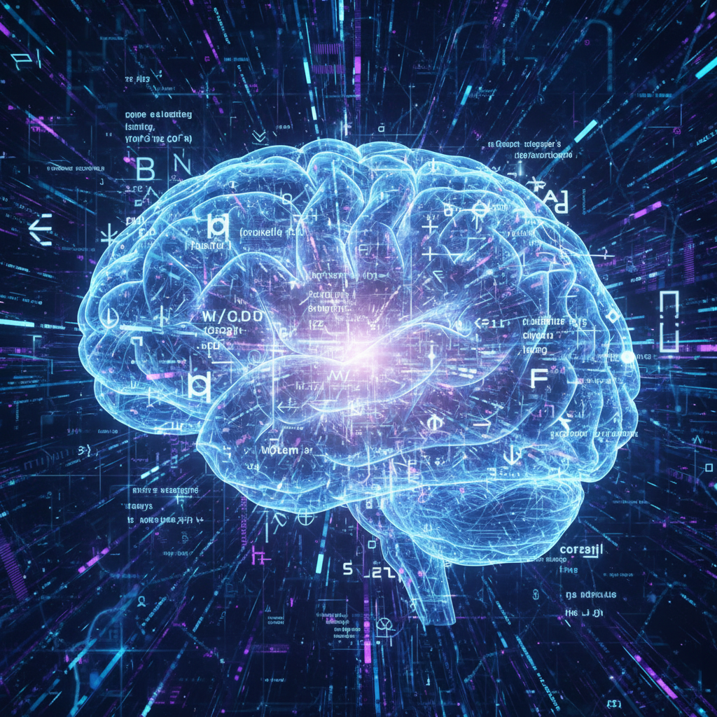 Abstract visualization of natural language processing for content ideas, showing data streams and idea generation in a digital network.