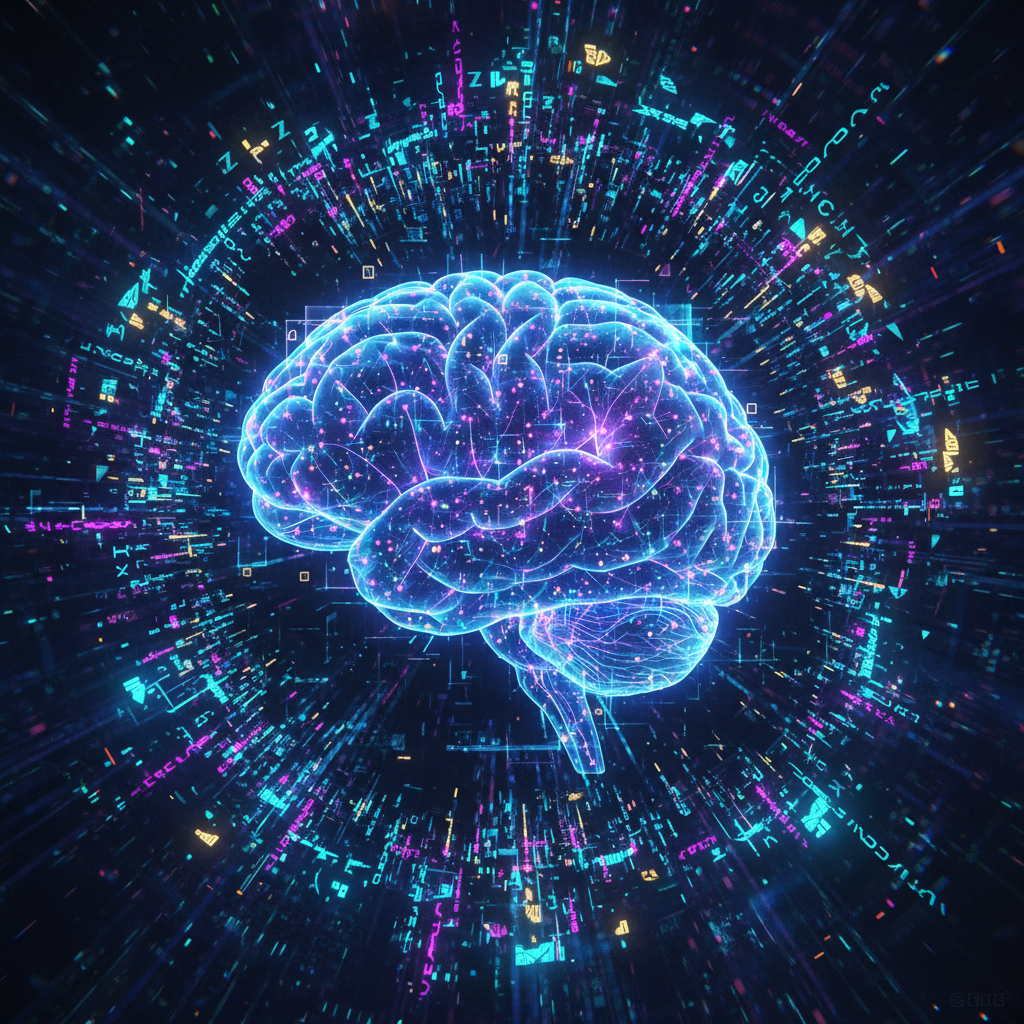 Advanced AI generating faceless content ideas, abstract digital brain with glowing neural pathways and flowing code, futuristic digital art. Advanced AI generating faceless content ideas, abstract digital brain with glowing neural pathways and flowing code, futuristic digital art.