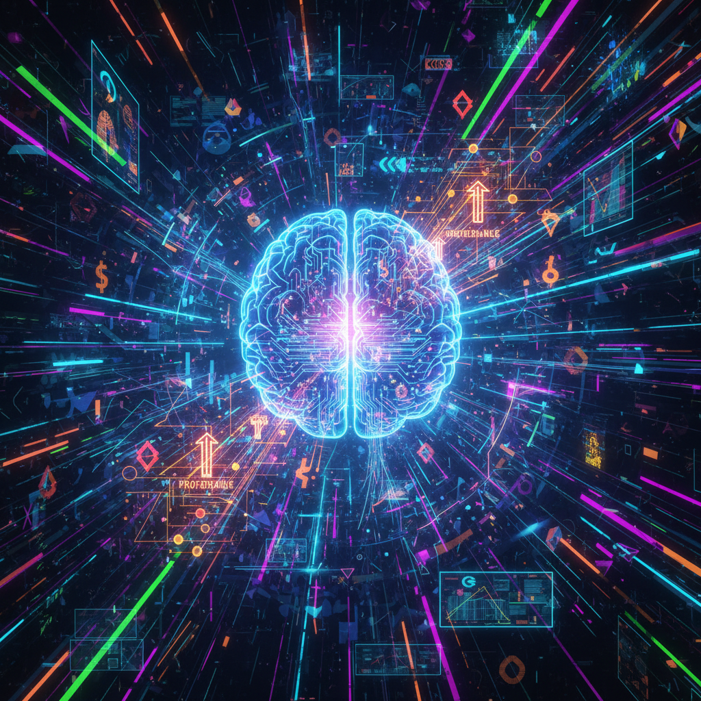 AI analyzing profitable niches for generating faceless content ideas, futuristic digital landscape with glowing data streams. AI analyzing profitable niches for generating faceless content ideas, futuristic digital landscape with glowing data streams.
