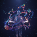 AI animation creating faceless stories for YouTube, abstract digital art, futuristic concept.