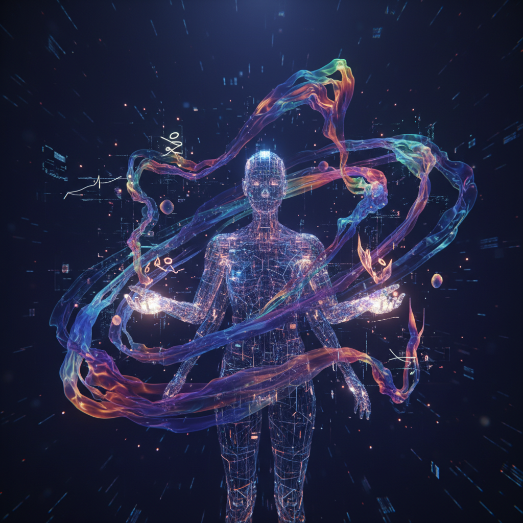 AI animation creating faceless stories for YouTube, abstract digital art, futuristic concept.