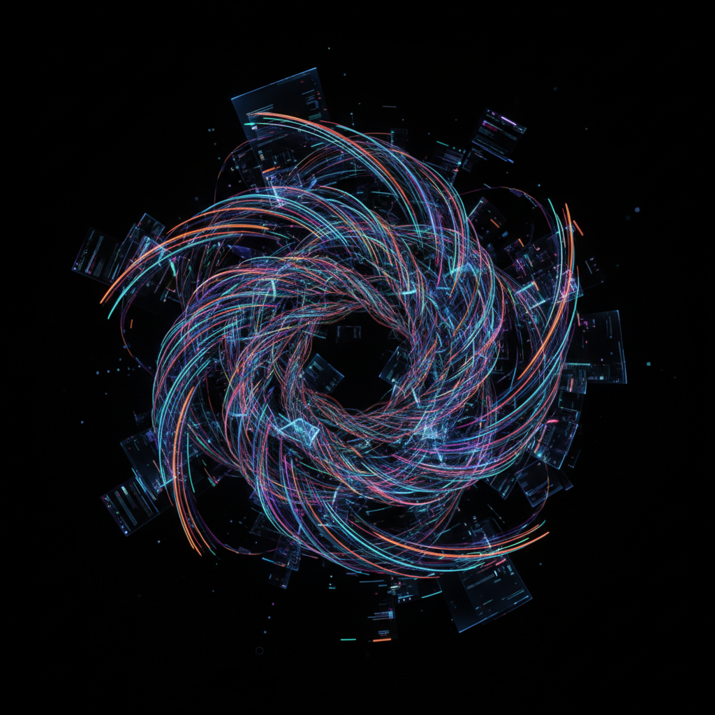 AI animation software for faceless videos concept, abstract digital art with glowing lines forming futuristic video elements.